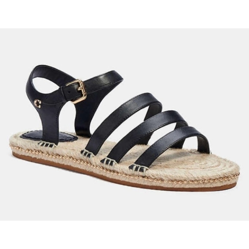 Coach Women Black Leather Espadrille Gladiator Sandals Multi Strap Gold Bead 7.5